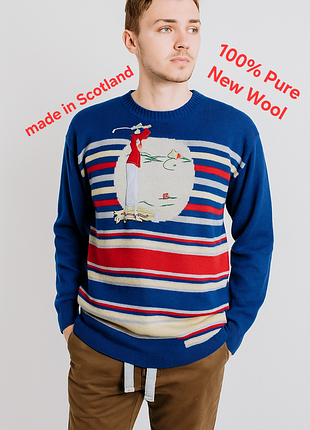 Шикарный винтажный свитер синего цвета в фирменный узор pringle sports made in scotland