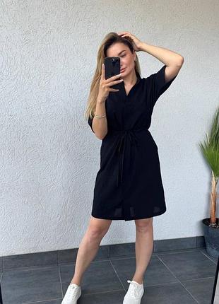 Платье женское летнее батал повседневное базовое из батиста с коротким рукавом на талии кулиска черный