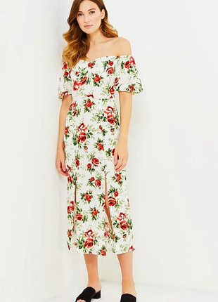 Біла міді сукня у квітковий принт з розрізами із віскози topshop #3882