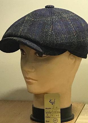 Кепка шерстяная мужская англия шерсть 24/10 теплая восьмиклинка синяя клетка comfort heads осень зима флис уши