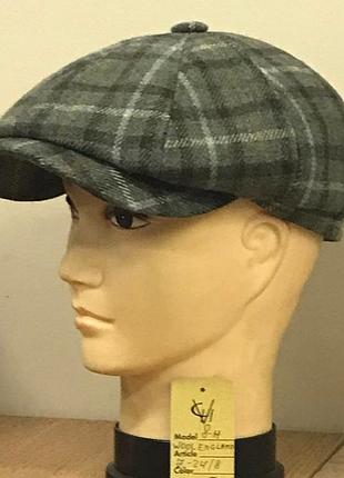 Кепка шерстяная мужская англия шерсть 24/8 теплая восьмиклинка зелёная клетк comfort heads осень зима флис уши
