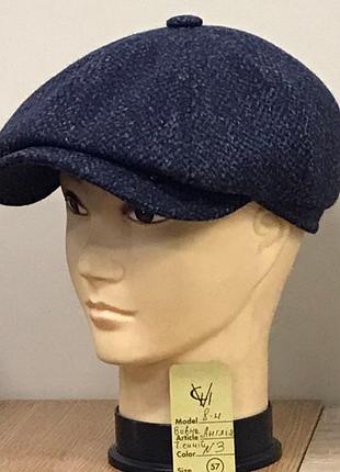 Кепка шерстяная мужская шерсть англия 3 теплая восьмиклинка comfort heads осень зима флис уши синий синяя