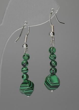 Серьги малахит  оправа "под капельное серебро" овальный камень