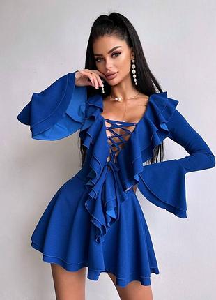 Синя сукня міні з воланами на шнурівці коротке плаття з воланами, пишна сукня з декольте, романтична сукня