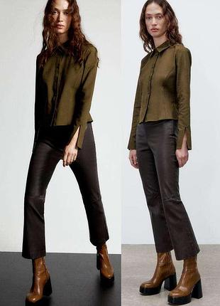 Укороченные брюки клеш zara 100% натуральная кожуров щевоа