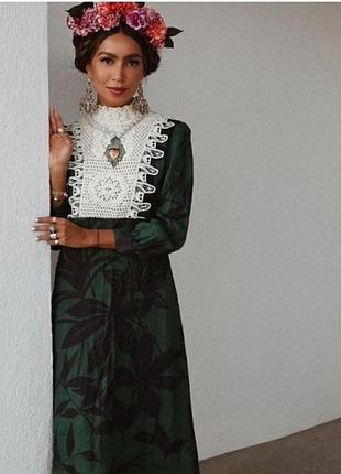 Zara  льняное платье миди  с принтом