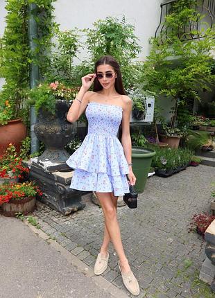 Летнее цветочное платье с двойной юбкой с лифом на резинке без рукавов