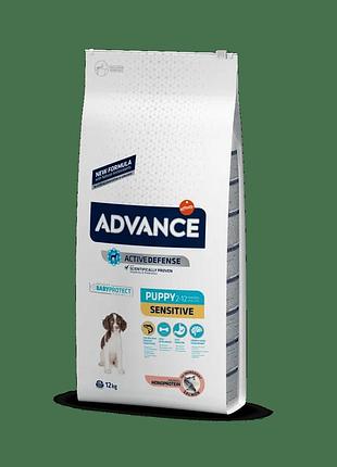 Сухой корм для щенков с чувствительным пищеварением advance dog sensitive puppy salmon с лососем 12 кг
