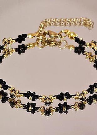 Тонкий браслет із бісеру з чорними стразами ручної роботи (00022269)
