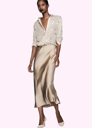 Спідниця міді атласна жіноча zara xs, s, m беж