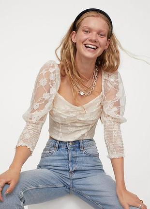 Айвори блузка корсет h&m топ корсет с рукавами блузка из кружева бежевая женская блузка с объемными рукавами