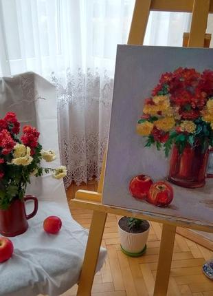 Картина "натюрморт з хризантемами та яблуками", двп, олія7 фото