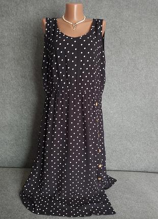 Легкое открытое платье из вискозы черного цвета с белый горох 50-52-54 размера