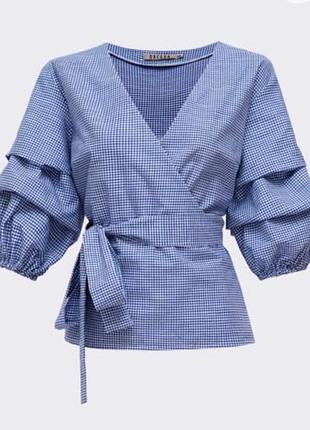 Блузка блуза на запах в клетку с объемными рукавами