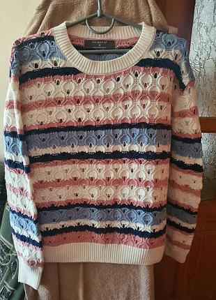Світер жіночий ажурний в ідеальному стані, білі,голубі і рожеві полоси, може бути від s до exl розміру- з напуском, чи по фігурі, 50см плечі,60 груди