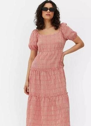 👗 ярусное платье в клетку жатка primark | рукав фонарик | красно-белая романтика