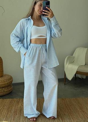 Полосатый льняной костюм брюки + рубашка в пижамном стиле, женский летний костюм с рубашкой в полоску, льняной костюм двойка, #676