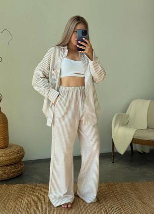 Полосатый льняной костюм брюки + рубашка в пижамном стиле, женский летний костюм с рубашкой в полоску, льняной костюм двойка, #676