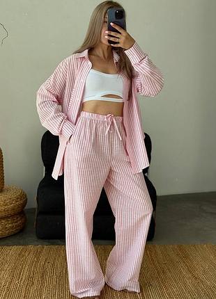 Полосатый льняной костюм брюки + рубашка в пижамном стиле, женский летний костюм с рубашкой в полоску, льняной костюм двойка, #676