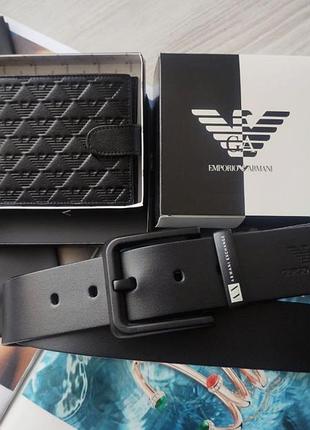 Мужской кожаный подарочный набор armani черный ремень и кошелек