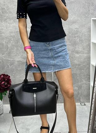 Черный-черный клапан - с логотипом - стильная и вместительная, большая и объемная сумка на молнии (0235-2)