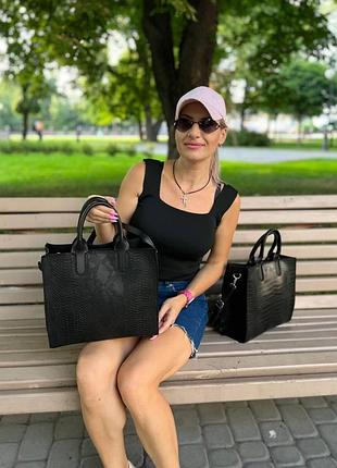 Черная - формат а4 - три отделения - стильный и элегантный шопер - со змеиным принтом (0547-2)