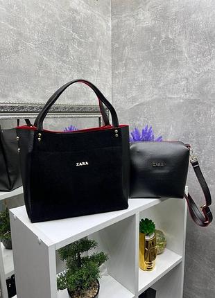 Натуральный замш. черный с красным - комплект сумка + клатч - на молнии, со съемным ремнем в комплекте(2010-1)