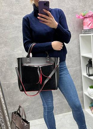 Черная с красным - натуральная замша - стильная сумка формата а4 на одно отделение (2550-1)