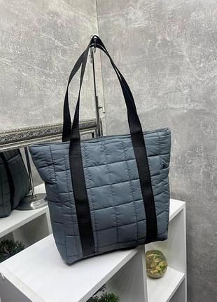 Акция. серая - большая, стеганная сумка-шопер с дополнительными карманами сбоку (5160)