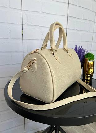 Беж - крокодиловый принт - стильная, молодежная сумка-бочонок на молнии (0570-3)