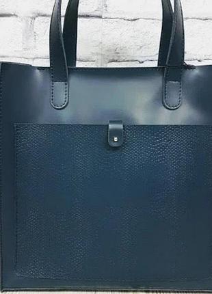 Сумка жіноча натуральна шкіра, синя матова кишеню під рептилію