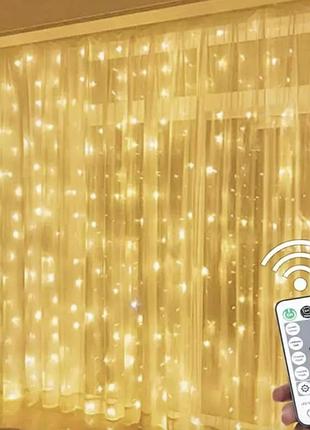 Світлодіодна гірлянда штора led light 3х2 метри від usb + пульт теплий sf-19