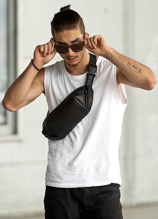 Чоловіча шкіряна  сумка на пояс бананка високої якості українського виробництва  топ  -  чорна з перфорацією