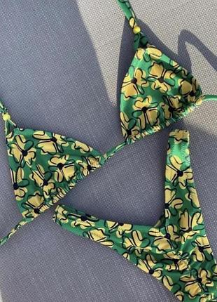 Купальник женский раздельный бикини зеленый желтый цветок