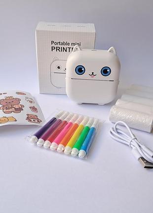 Портативный детский термопринтер котик с набором bluetooth x18-w белый