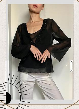 Бохо шифон майка топ блуза бретелі кльош довгий рукав чорна бісер oldmoney y2k