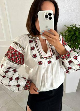 Вышиванка женская вышитая рубашка с длинными рукавами хлопок белая легкая украинская символика