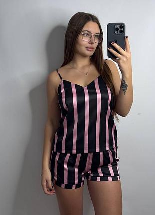 Сатиновая пижама майка + шорты черно розовая полоска шелк