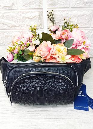 Мужская сумка-бананка из натуральной кожи,черного цвета, с узором рептилия,фирмы moltani