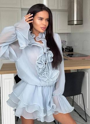 ⭐⭐⭐⭐⭐ 
пишна шифонова сукня плаття з воланами і довгим рукавом 🩵 a1033