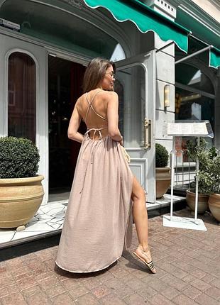 Льняна сукня -сарафан з відкритою спиною та розрізом на нозі максі довжина