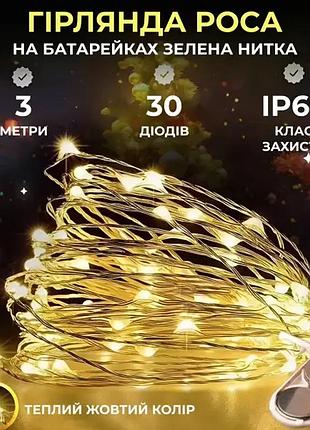 Гирлянда роса нить 30 led длина 3 м на батарейках зеленая, желтый