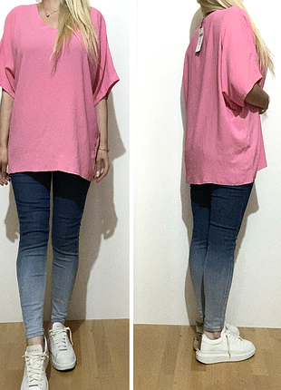 Xl оверсайз новая длинная розовая блузка блуза короткий рукав летняя удлиненная
