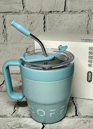 Термостакан с трубочкой coffee&tea термочашка для кофе 11,5х9х7 см 480 мл голубой