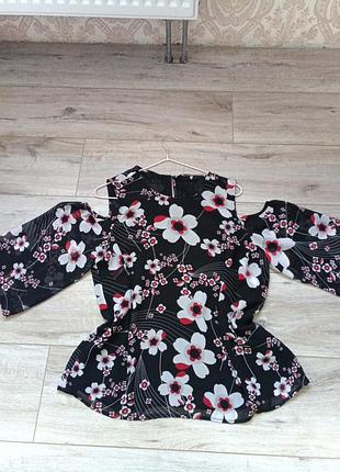 Блуза кофта шифон в цветочек с открытыми плечами и рукавами на подкладе v by very 12