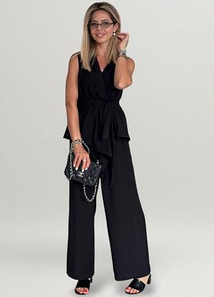 Костюм женский летний из вискозы двойка жилетка на запах с поясом брюки палаццо брючный комплект деловой повседневный черный