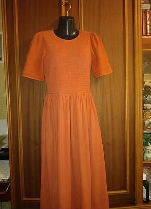 Платье индия, хлопок, терракотового цвета (коралловый), впереди на  резинке next petite, р м /l