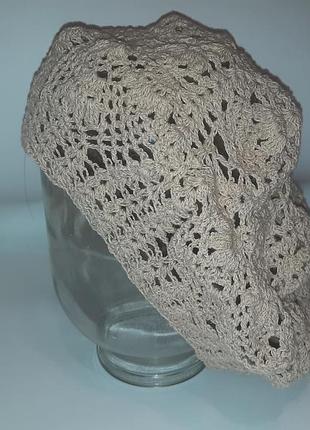 Берет женский вязаный льняной ажурный вязаный