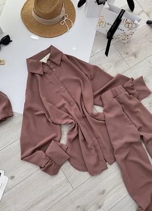 Комплект 3-ка: сорочка, штани та топ 🤎 цвет мокко, размеры 42-44 и 46-48 – стильный и легкий вариант для летних образов! мод 0740