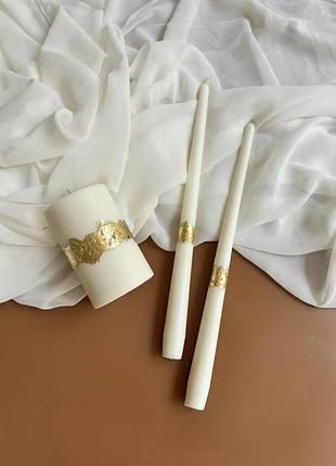 Набір весільних свічок білий з золотом з натурального соєвого воску